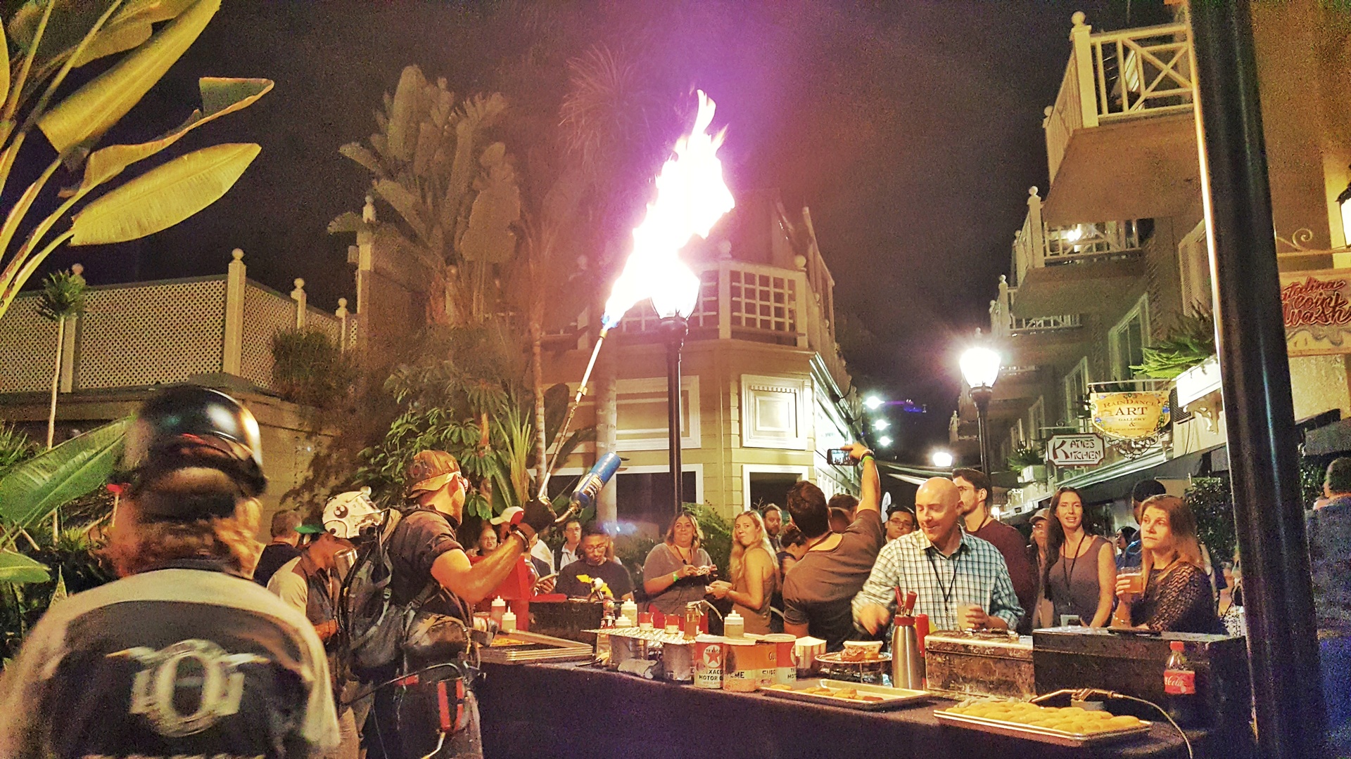 Crowd at an outdoor venue at night with a flaming torch