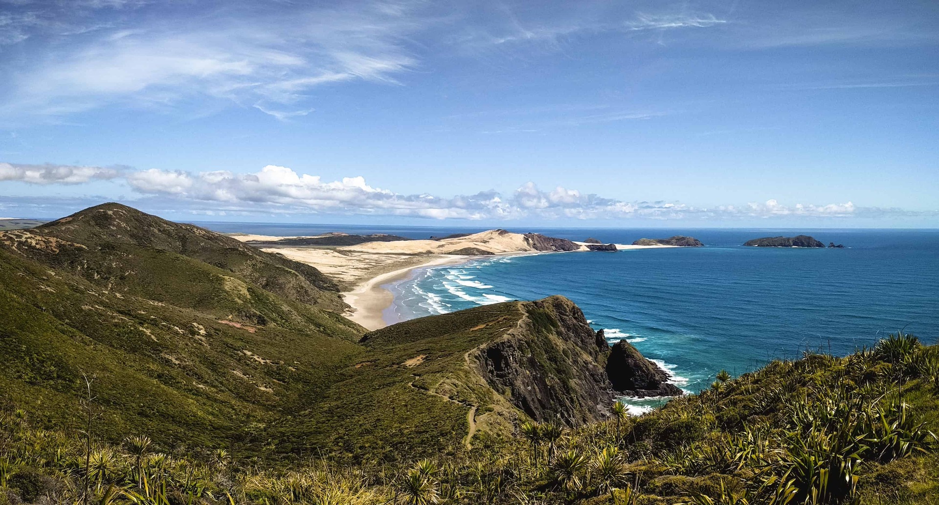 Coastal landscape with cliffs, a sandy beach, and ocean waves